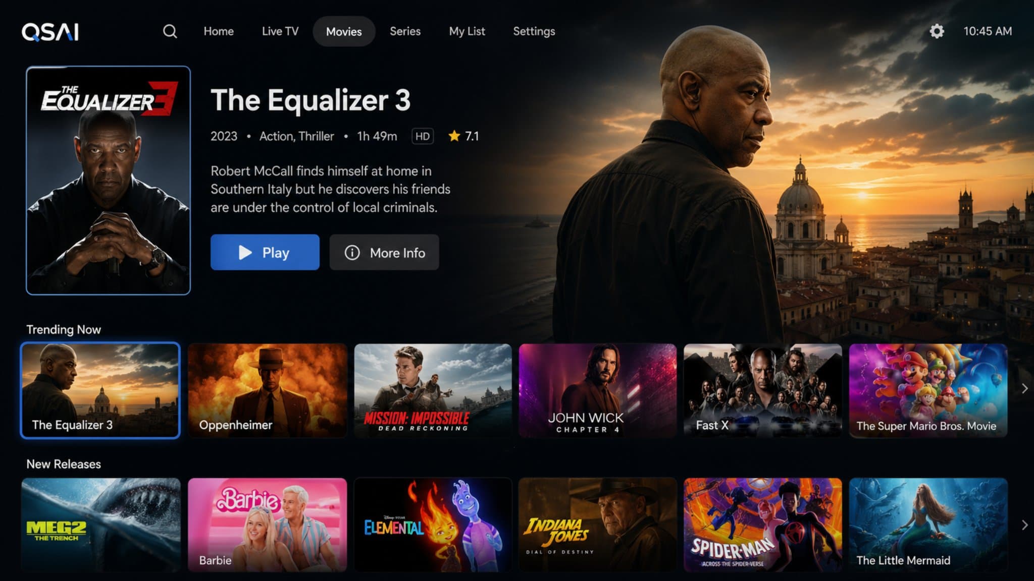 QSAI Movies screen showing The Equalizer 3